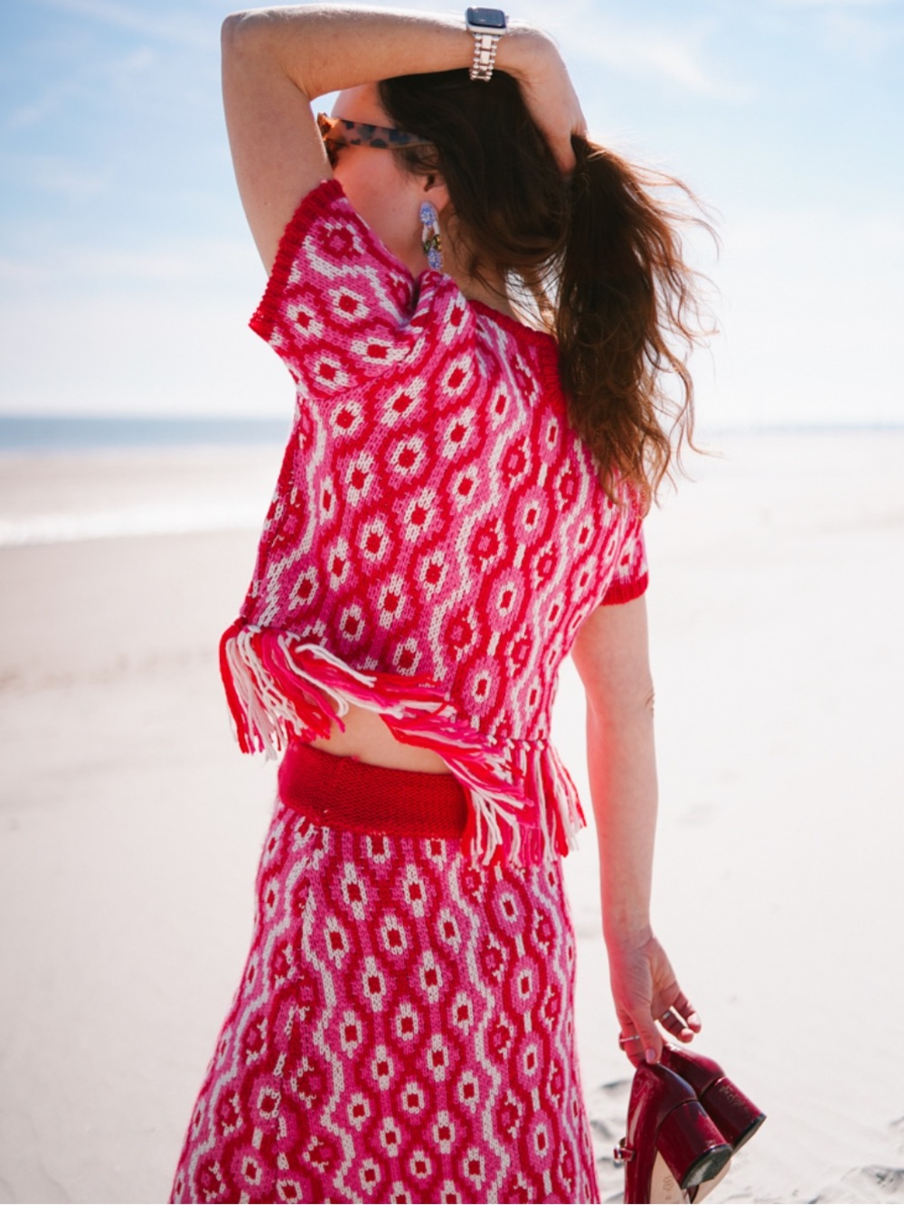 Hyacinth House x Tuckernuck Red & Pink Geo Knit Mabel Midi Skirt